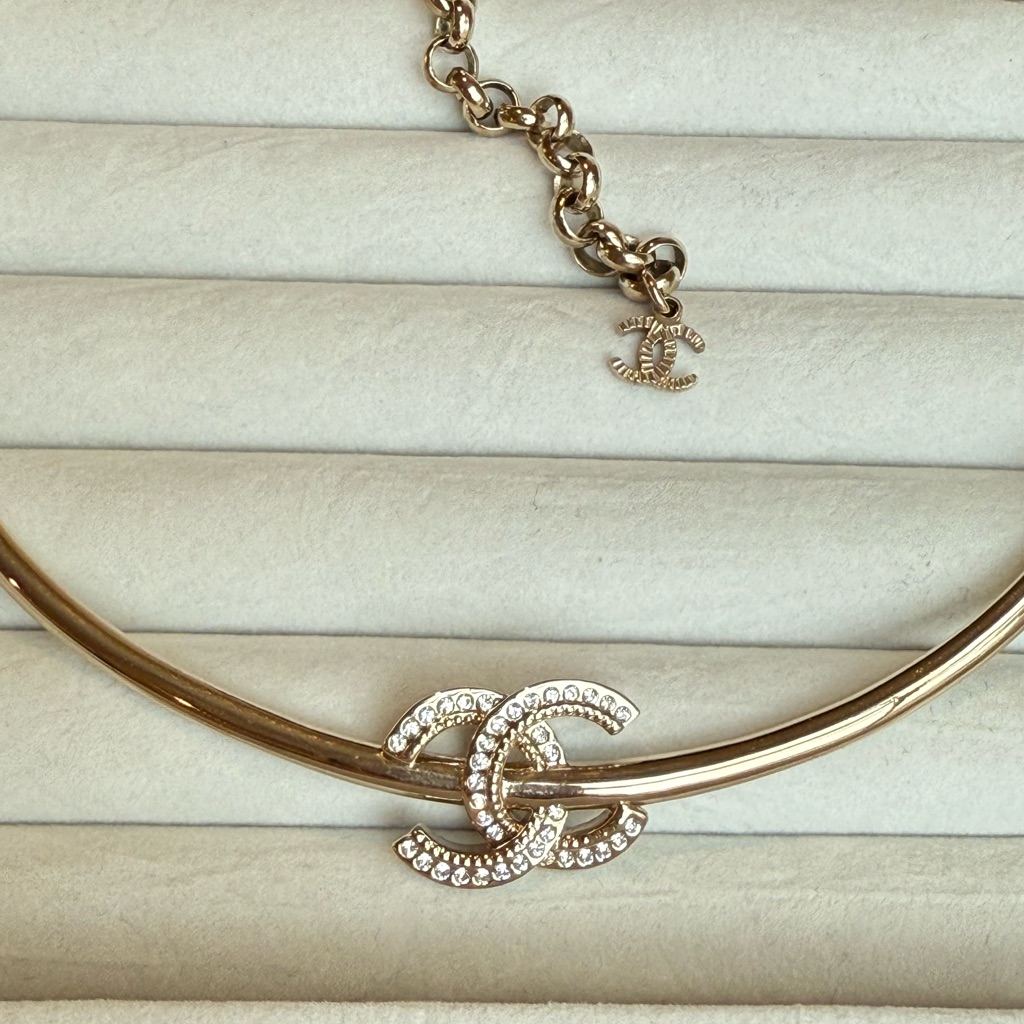 Chanel Gold Choker Necklace With Crystal Accents